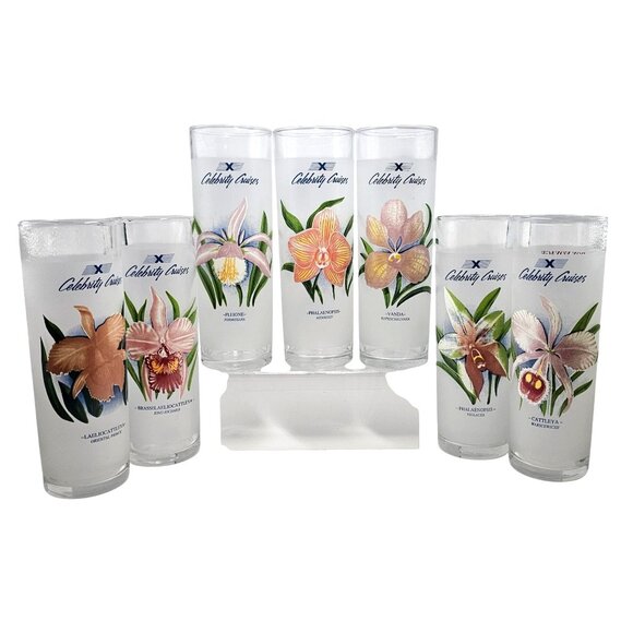 Celebrity Cruises Frosted Tropical Orchid Highball Collins Glasses Set Of 7 - Picture 1 of 11